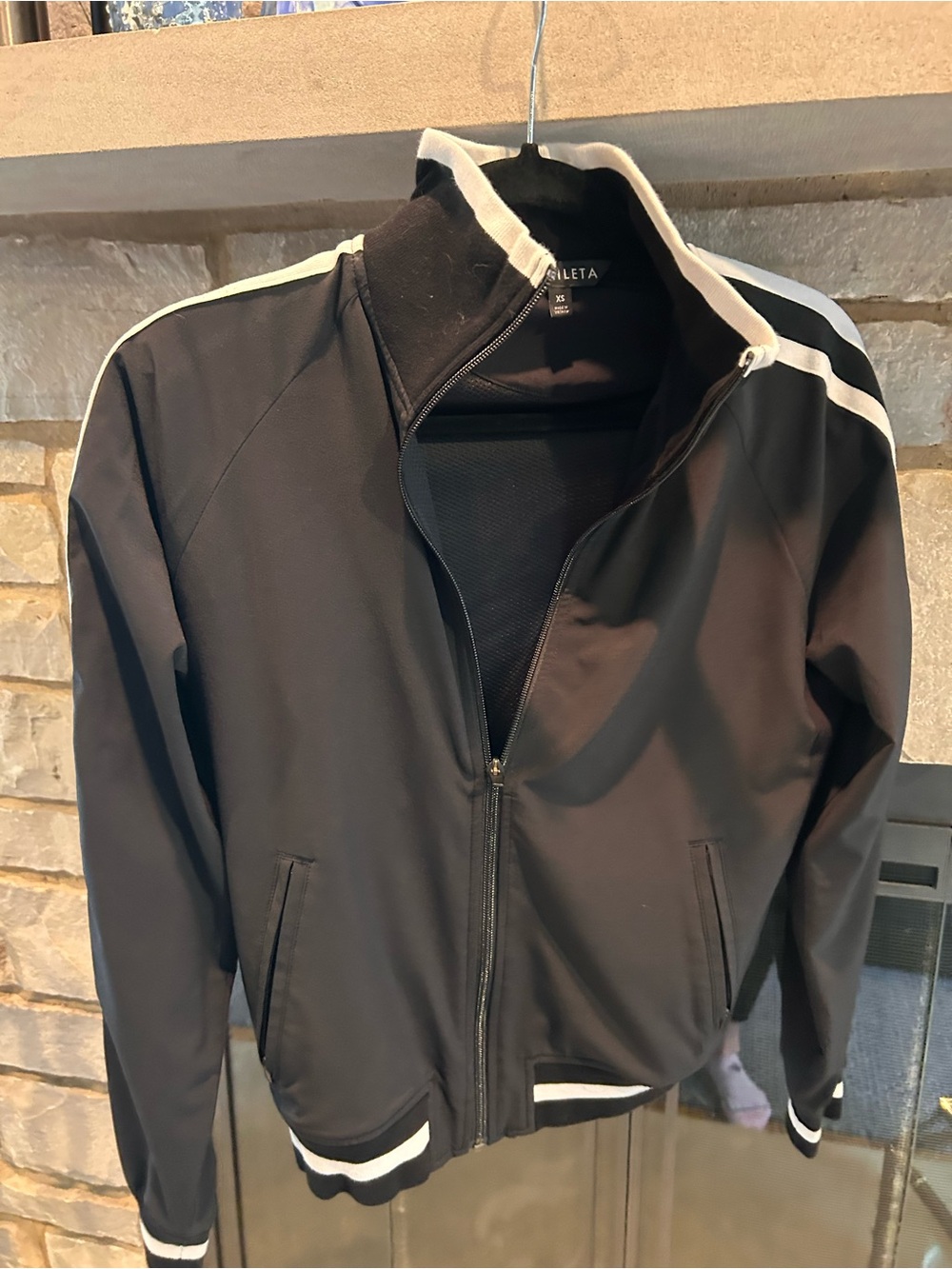 Athleta Black Bomber Jacket with White Stripe Trim